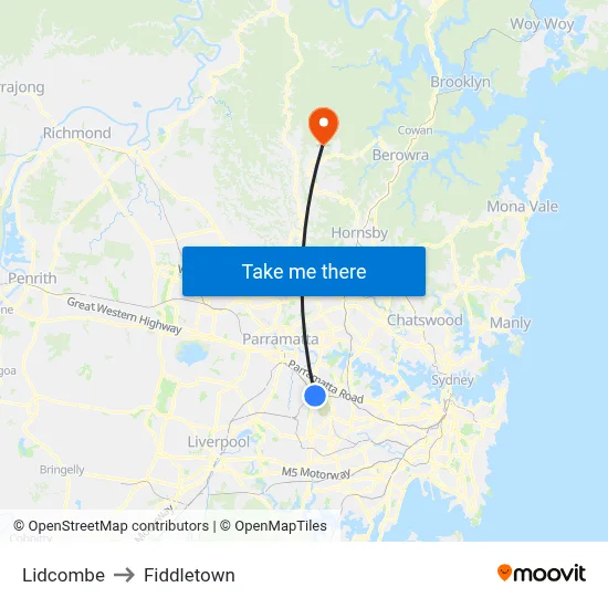 Lidcombe to Fiddletown map