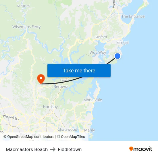 Macmasters Beach to Fiddletown map