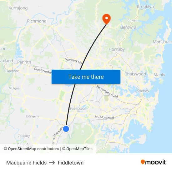 Macquarie Fields to Fiddletown map