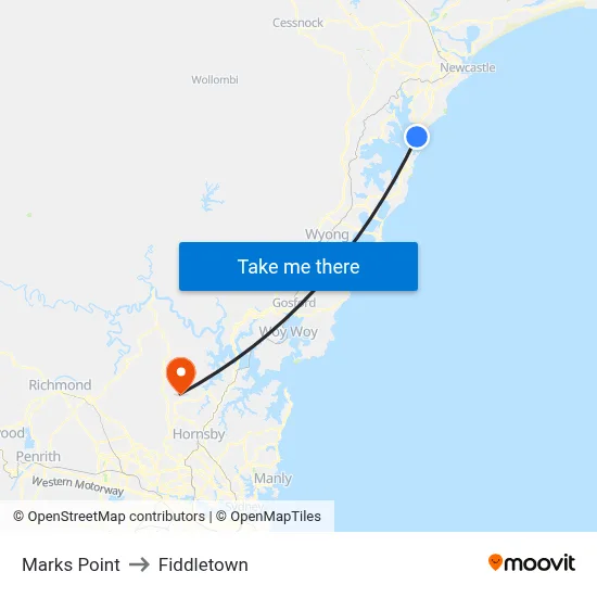 Marks Point to Fiddletown map