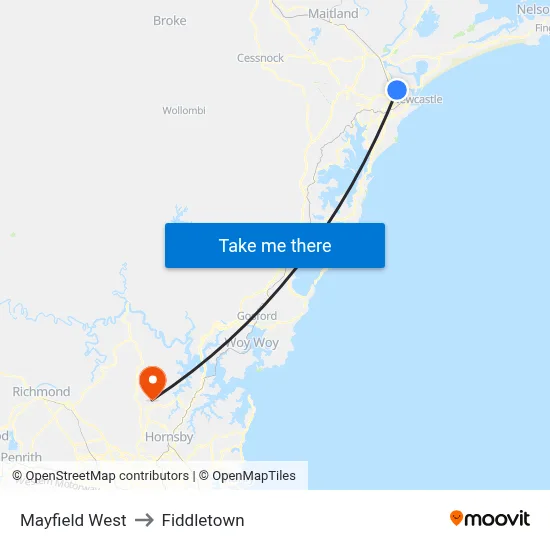 Mayfield West to Fiddletown map