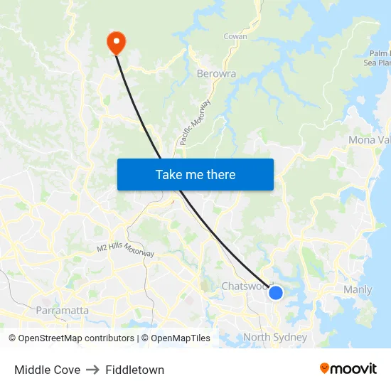 Middle Cove to Fiddletown map