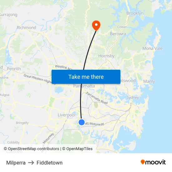 Milperra to Fiddletown map