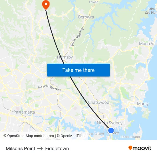 Milsons Point to Fiddletown map