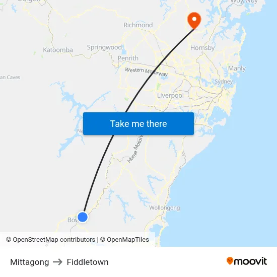 Mittagong to Fiddletown map