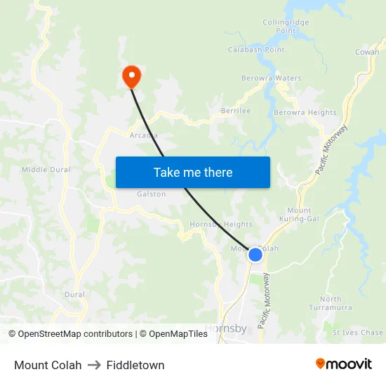 Mount Colah to Fiddletown map