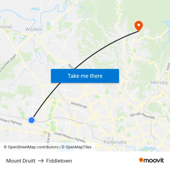 Mount Druitt to Fiddletown map