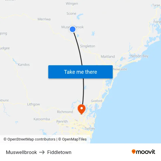 Muswellbrook to Fiddletown map