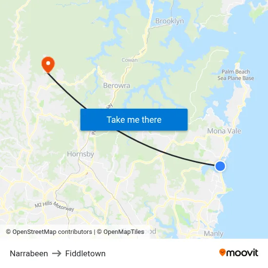 Narrabeen to Fiddletown map
