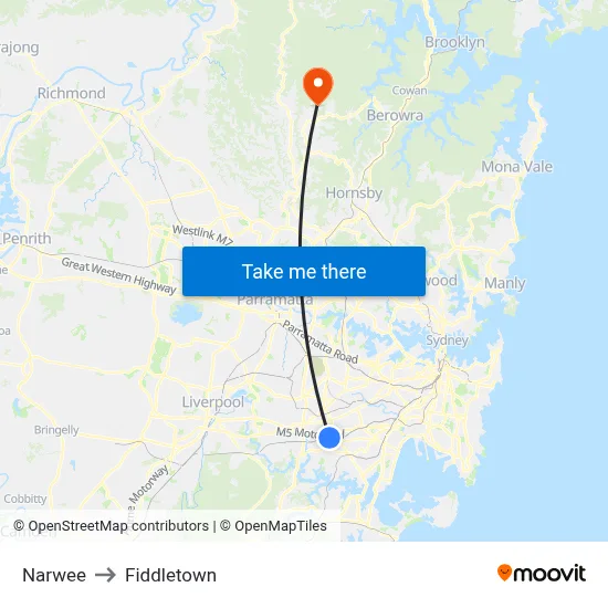 Narwee to Fiddletown map