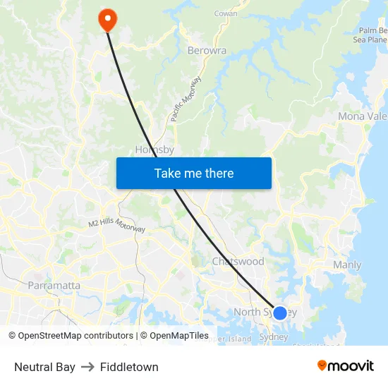 Neutral Bay to Fiddletown map