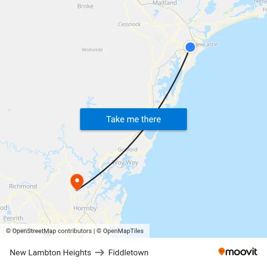 New Lambton Heights to Fiddletown map