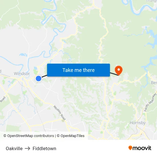Oakville to Fiddletown map