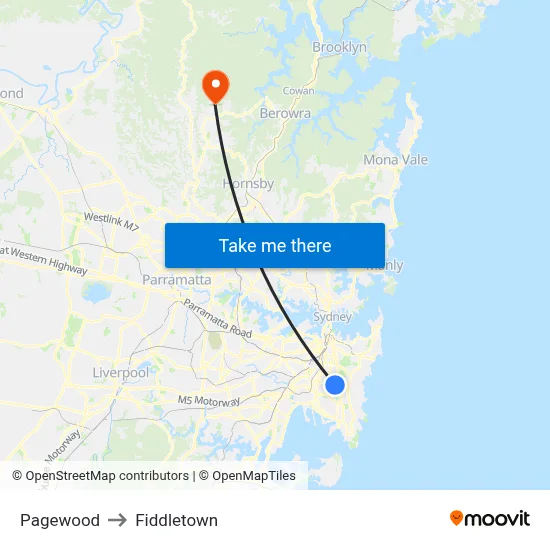 Pagewood to Fiddletown map