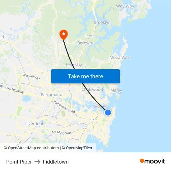 Point Piper to Fiddletown map