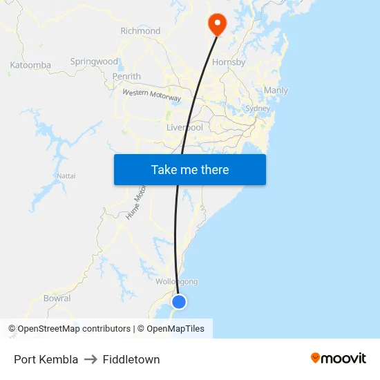 Port Kembla to Fiddletown map
