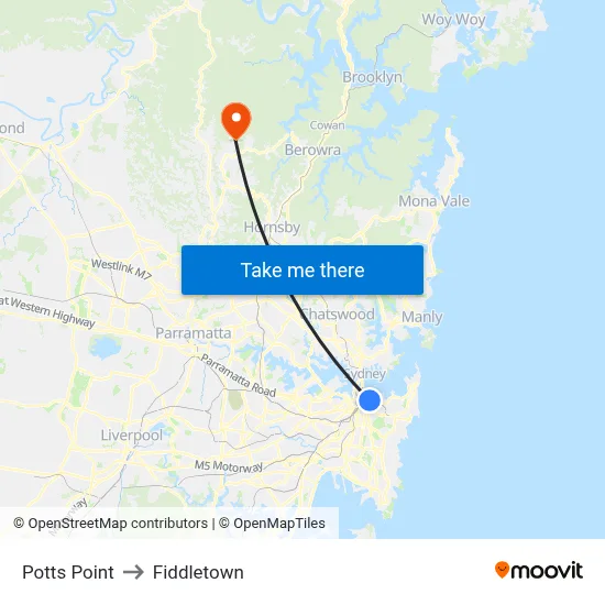 Potts Point to Fiddletown map