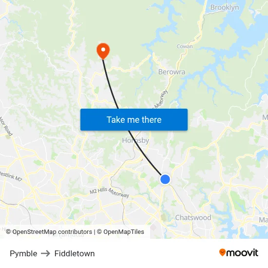 Pymble to Fiddletown map