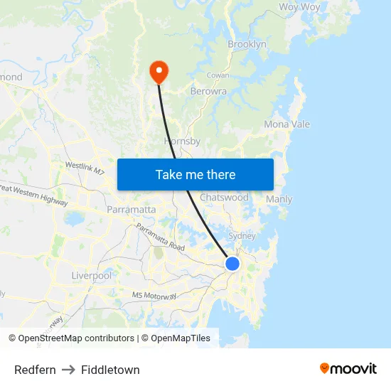 Redfern to Fiddletown map