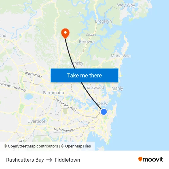 Rushcutters Bay to Fiddletown map