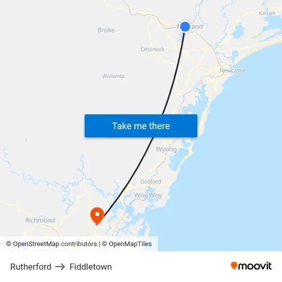 Rutherford to Fiddletown map