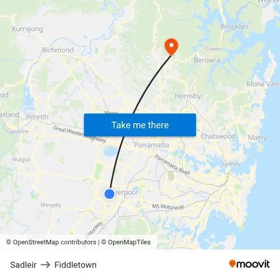 Sadleir to Fiddletown map