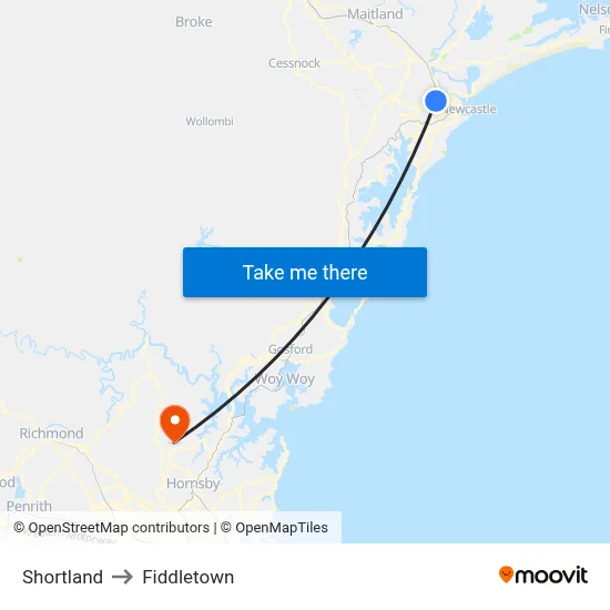 Shortland to Fiddletown map