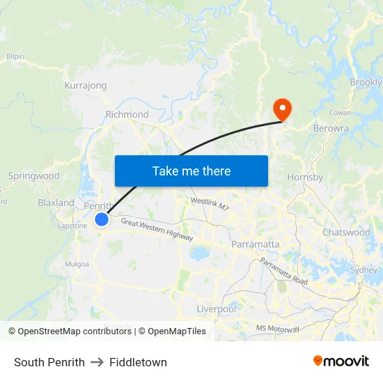 South Penrith to Fiddletown map