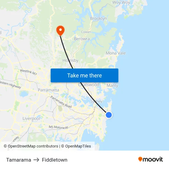 Tamarama to Fiddletown map