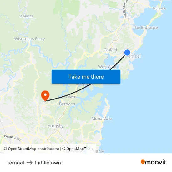 Terrigal to Fiddletown map