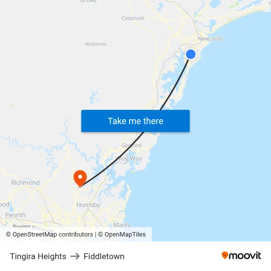 Tingira Heights to Fiddletown map