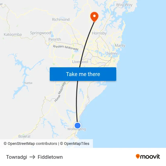 Towradgi to Fiddletown map