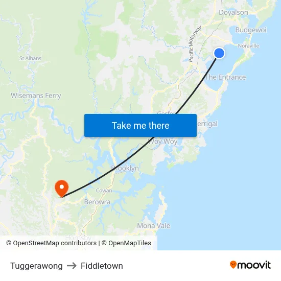 Tuggerawong to Fiddletown map