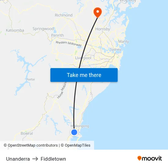 Unanderra to Fiddletown map