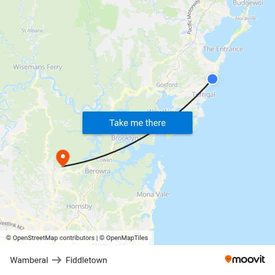 Wamberal to Fiddletown map