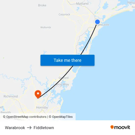 Warabrook to Fiddletown map