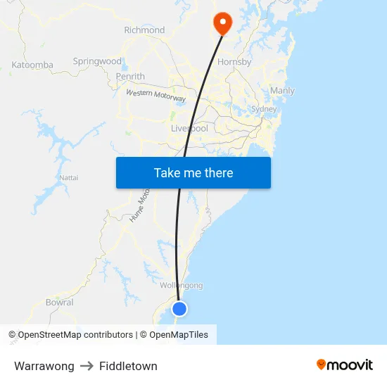 Warrawong to Fiddletown map