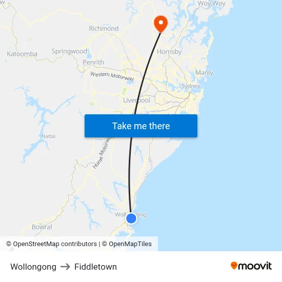 Wollongong to Fiddletown map