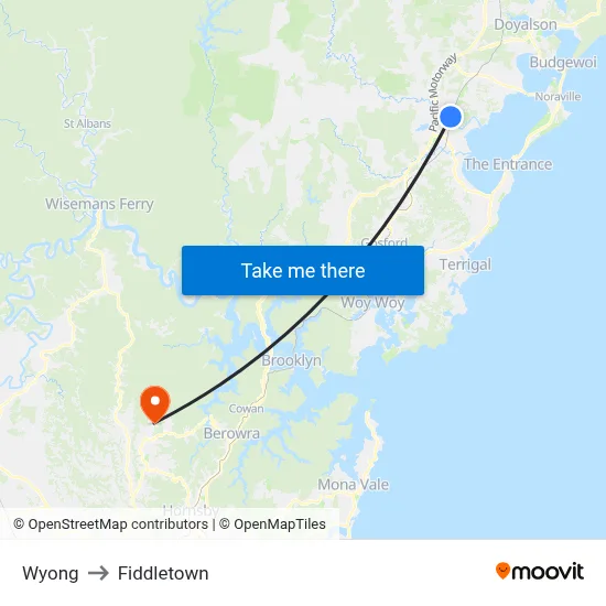 Wyong to Fiddletown map