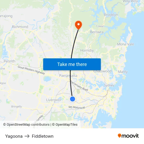 Yagoona to Fiddletown map