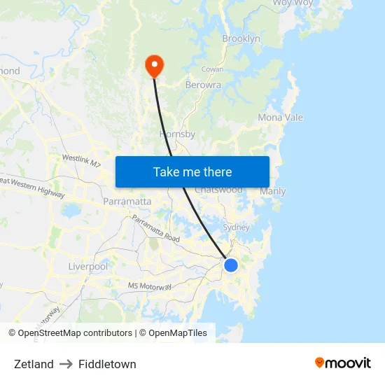 Zetland to Fiddletown map