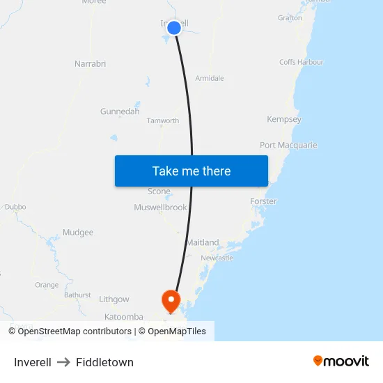 Inverell to Fiddletown map