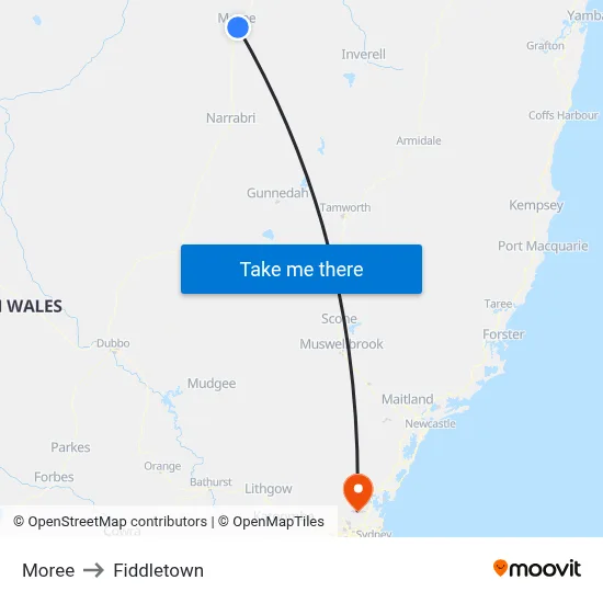Moree to Fiddletown map