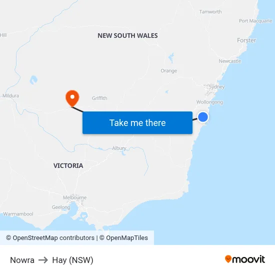 Nowra to Hay (NSW) map