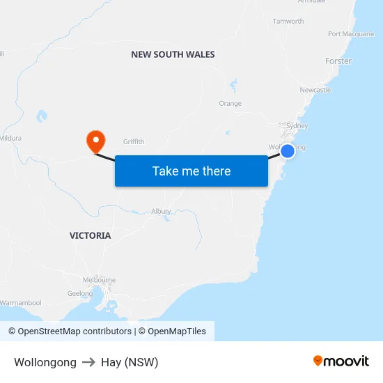 Wollongong to Hay (NSW) map