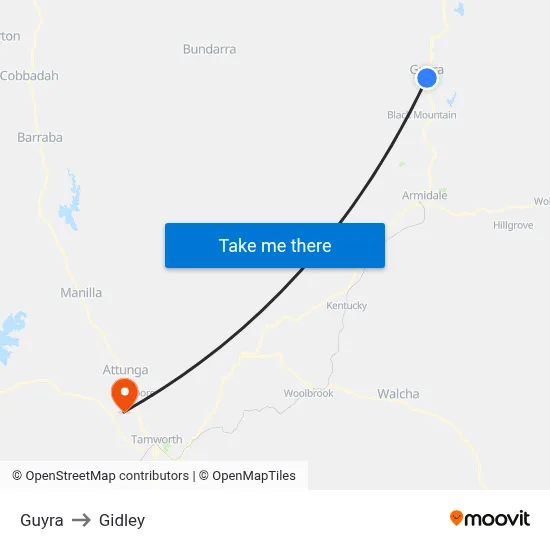 Guyra to Gidley map
