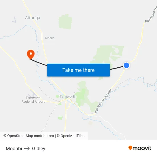 Moonbi to Gidley map