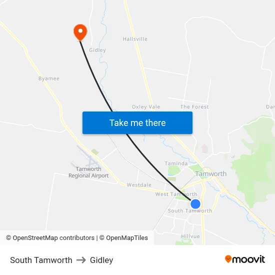South Tamworth to Gidley map