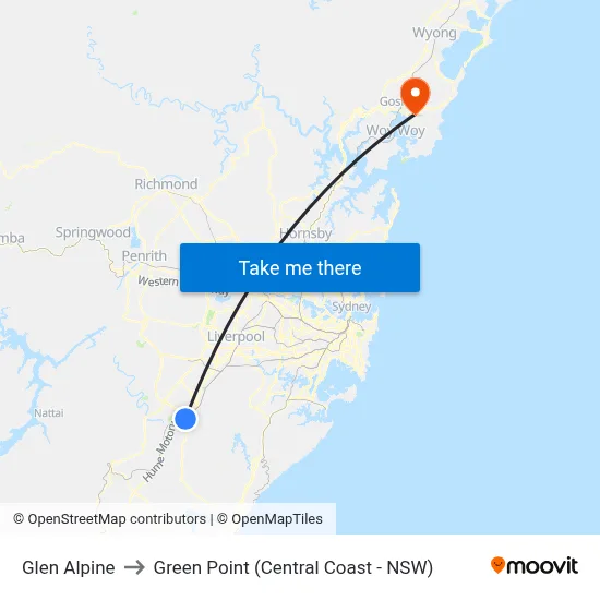 Glen Alpine to Green Point (Central Coast - NSW) map