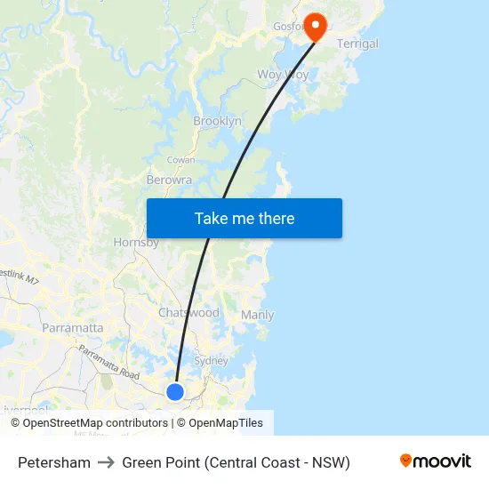 Petersham to Green Point (Central Coast - NSW) map